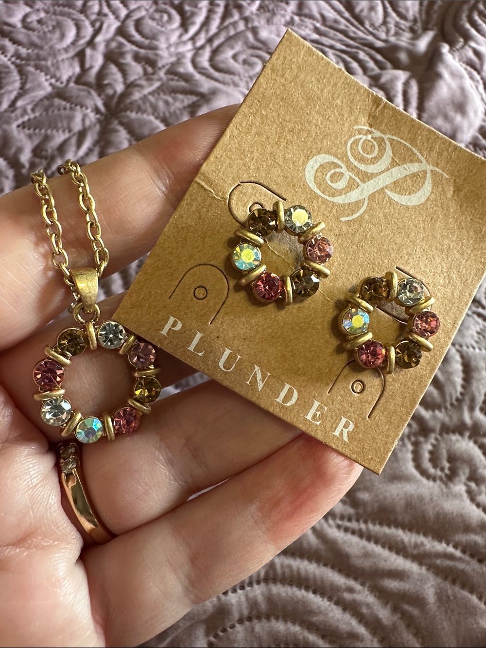 Plunder Gold-Tone Pink, Yellow & Clear Crystal Wreath Necklace and Stud Earrings